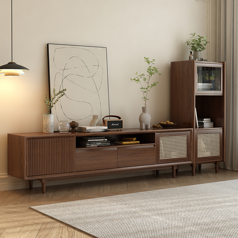 全实木电视柜客厅家用落地柜中古风组合收纳柜储物柜大容量高级感