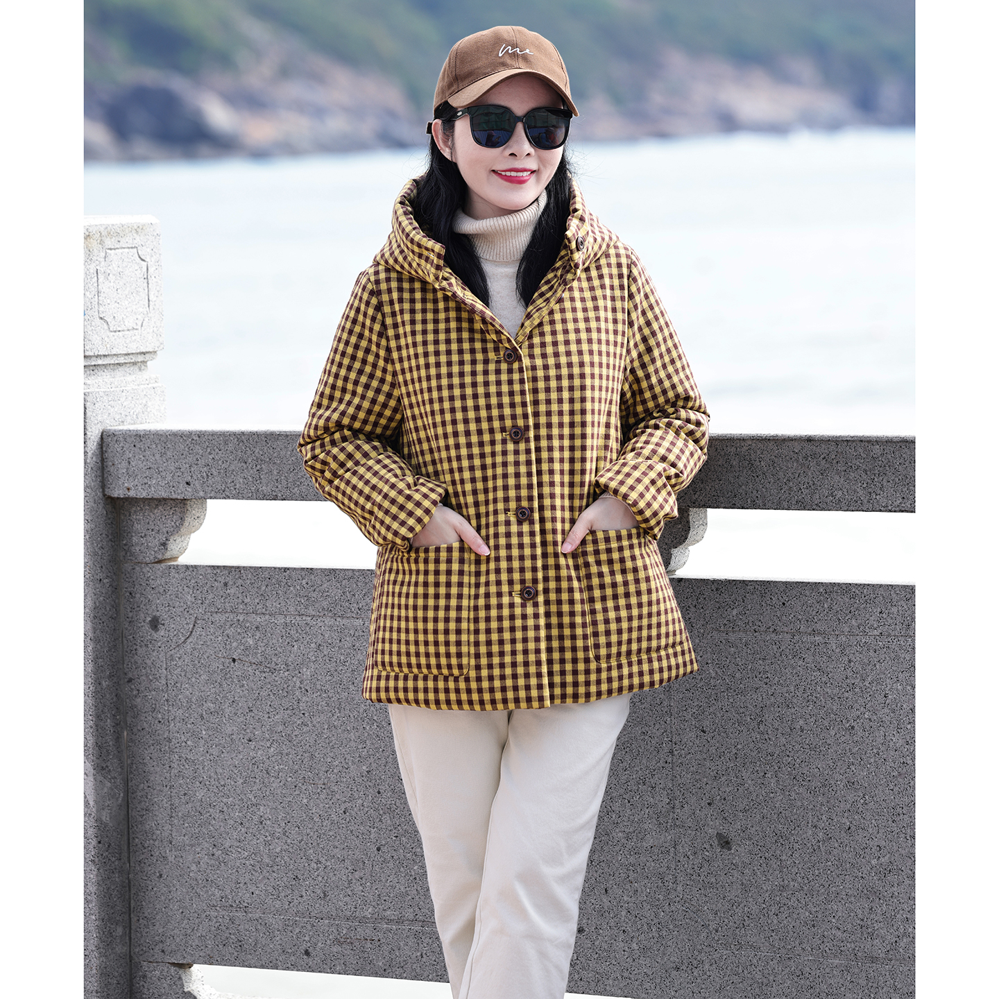 自由歌/十木米原创冬新款全棉色织格子百搭连帽加厚棉服短外套女