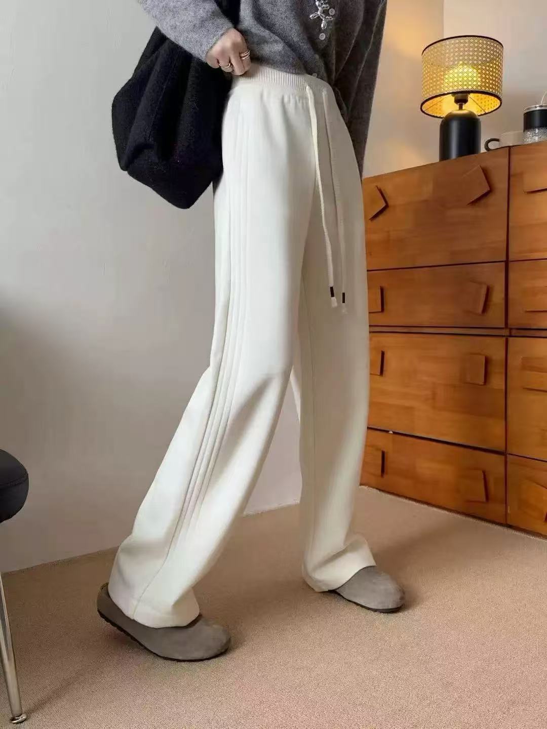 冬季新款时尚松紧腰抽绳显瘦休闲直筒阔腿裤