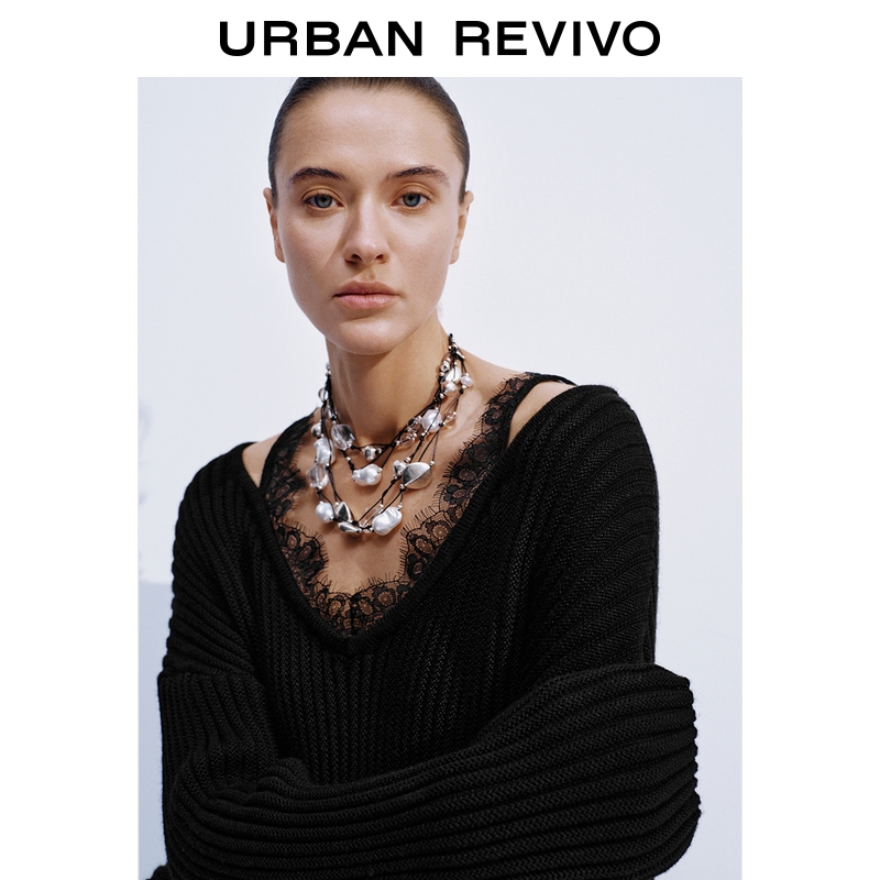 UR2025秋季新款女装魅力坑条拼接蕾丝吊带针织衫UWG950262