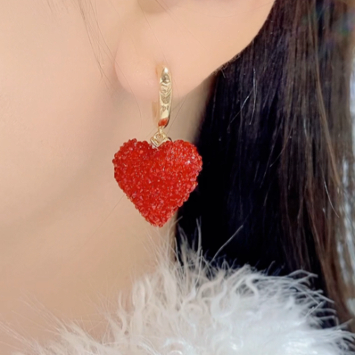铜合金合成锆石耳饰 铜合金仿钻耳饰 红红火火爱心耳环