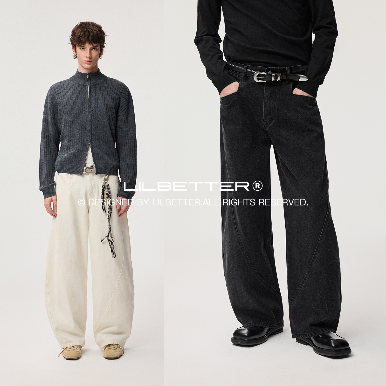 Lilbetter重磅斜纹全棉分割设计弯刀牛仔裤秋季半松紧腰水洗长裤