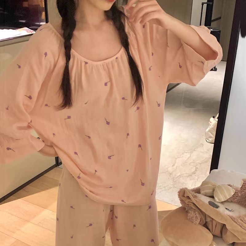 【小粉花】七分袖睡衣女秋季新款可爱少女休闲宽松圆领家居服套装