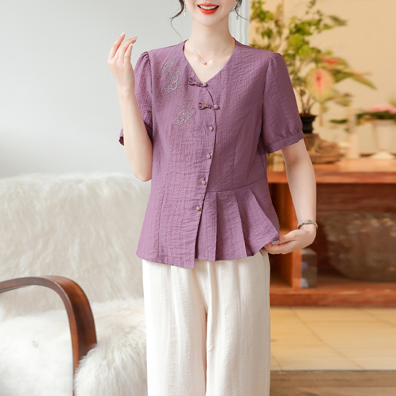 妈妈装夏季短袖裤子套装中老年夏装薄款中式国风T恤洋气减龄88262