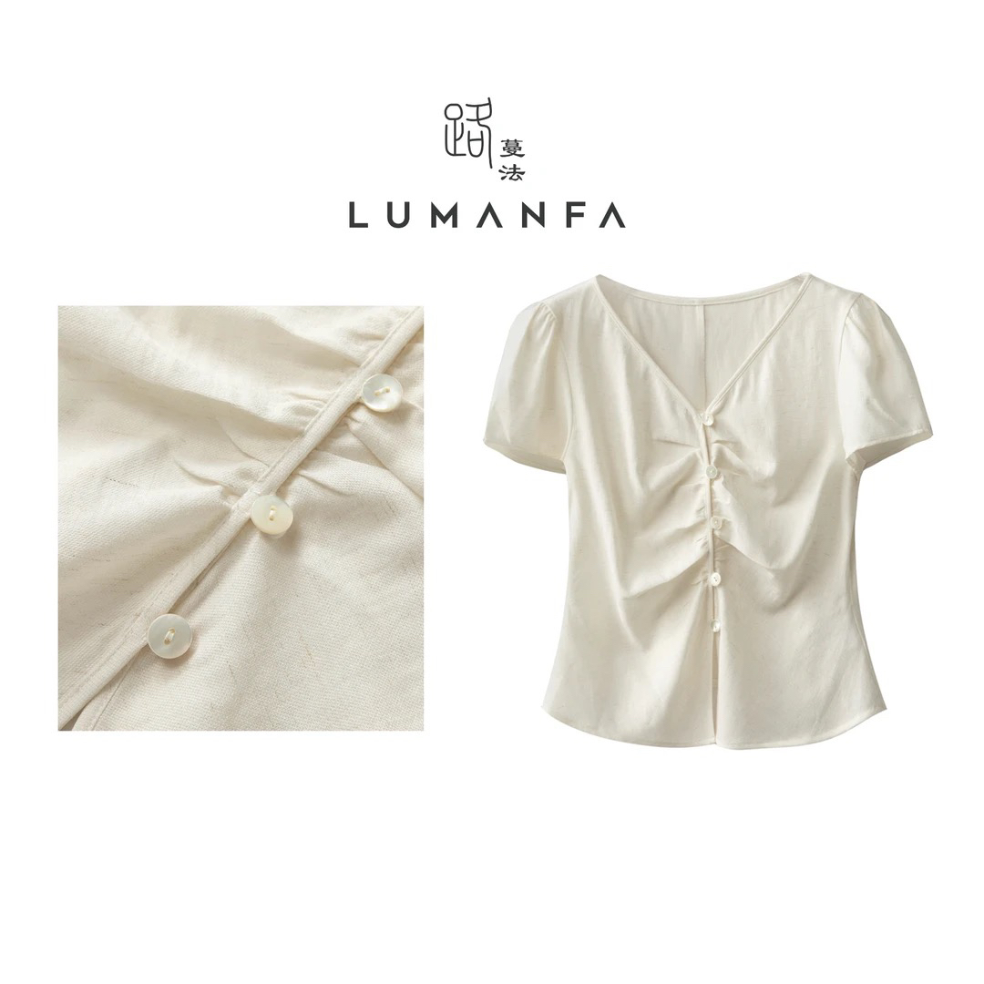 【梨花落】夏季设计感显瘦遮肉气质百搭V领上衣MF-1777