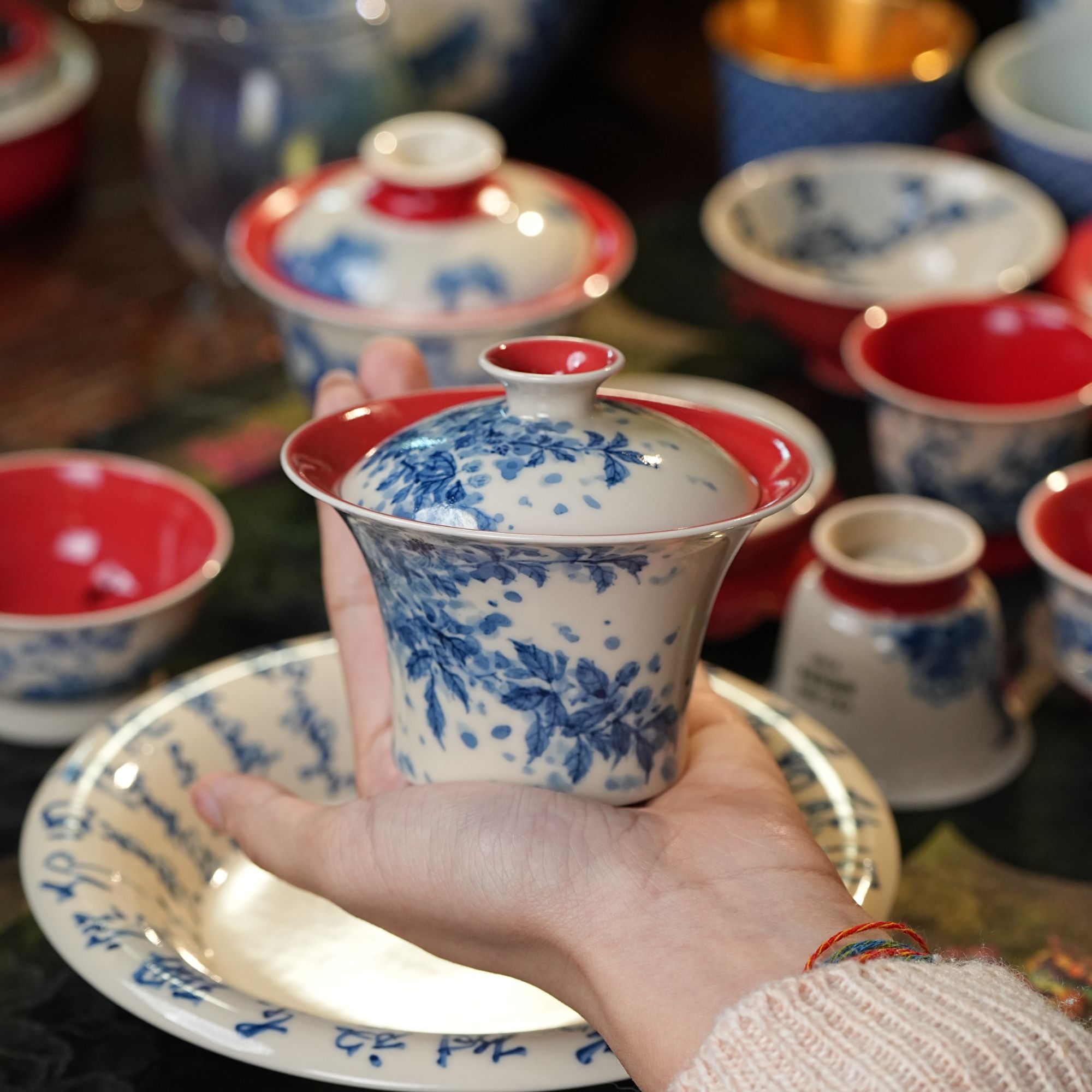 雨香斋景德镇高温纯手工手绘柿子红花卉马蹄盖碗-盖下110cc