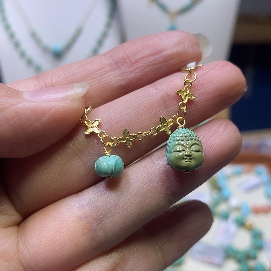 绿松石银S925镀金镶嵌半挂链