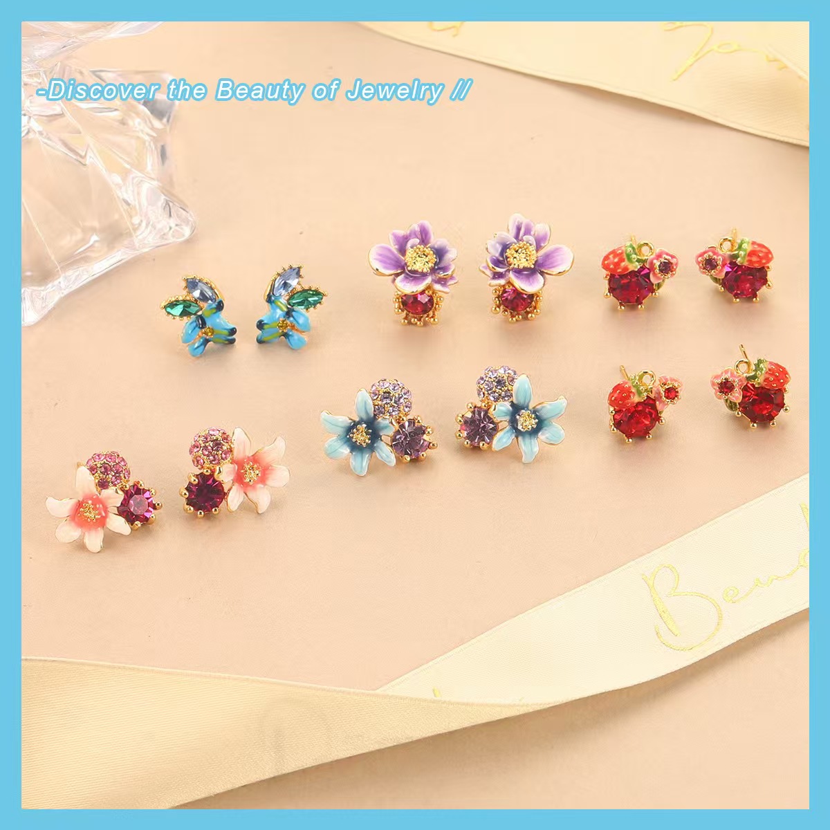 合金珐琅耳饰 铜镀金 中国风 鲜花锆石系列耳钉