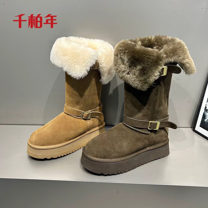 千柏年【零下初雪】舒适真皮牛皮绒羊毛翻边厚底长款雪地靴-C4325