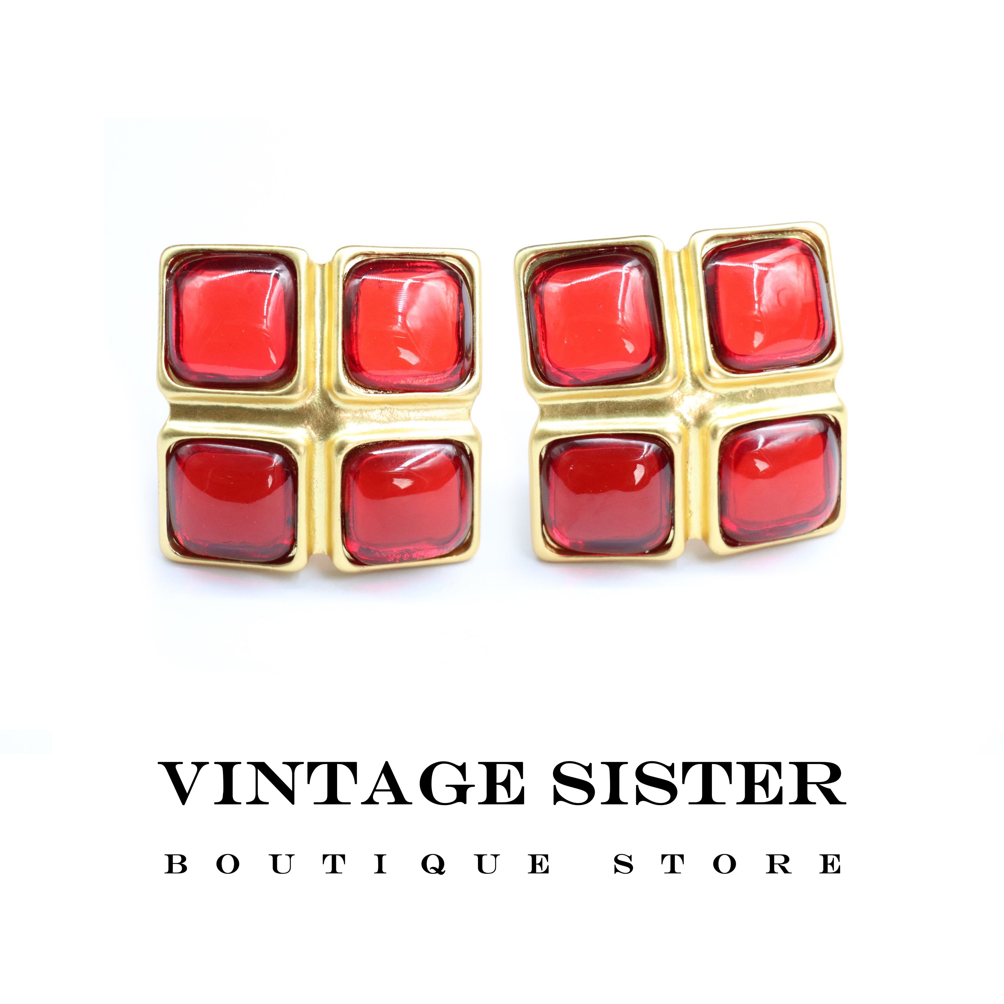 VINTAGE SISTER 合金玻璃耳饰 2974红色方糖耳夹气质轻奢时尚百搭