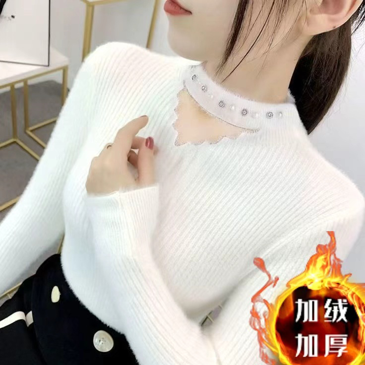 加绒加厚钉珍珠水貂绒毛衣女修身秋冬打底上衣花边带钻套头针织衫