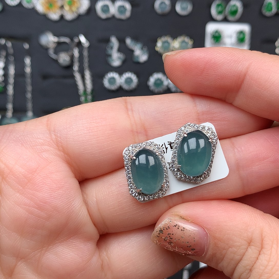 成***成翡翠银S925镶嵌耳饰