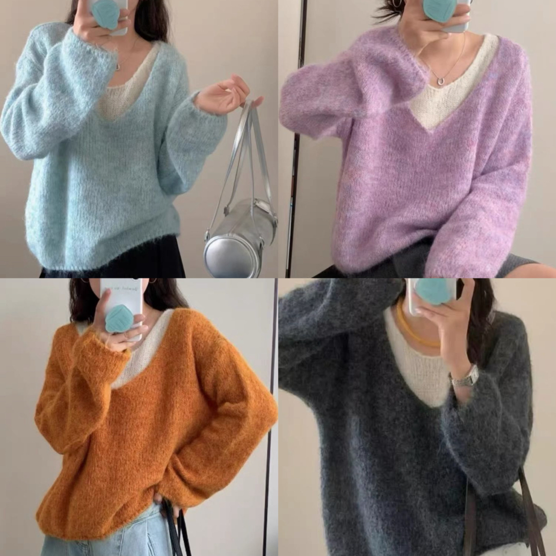 【柔光四色】Y韩风咩毛假两件V领毛衣百搭显瘦长袖毛衣毛绒绒女
