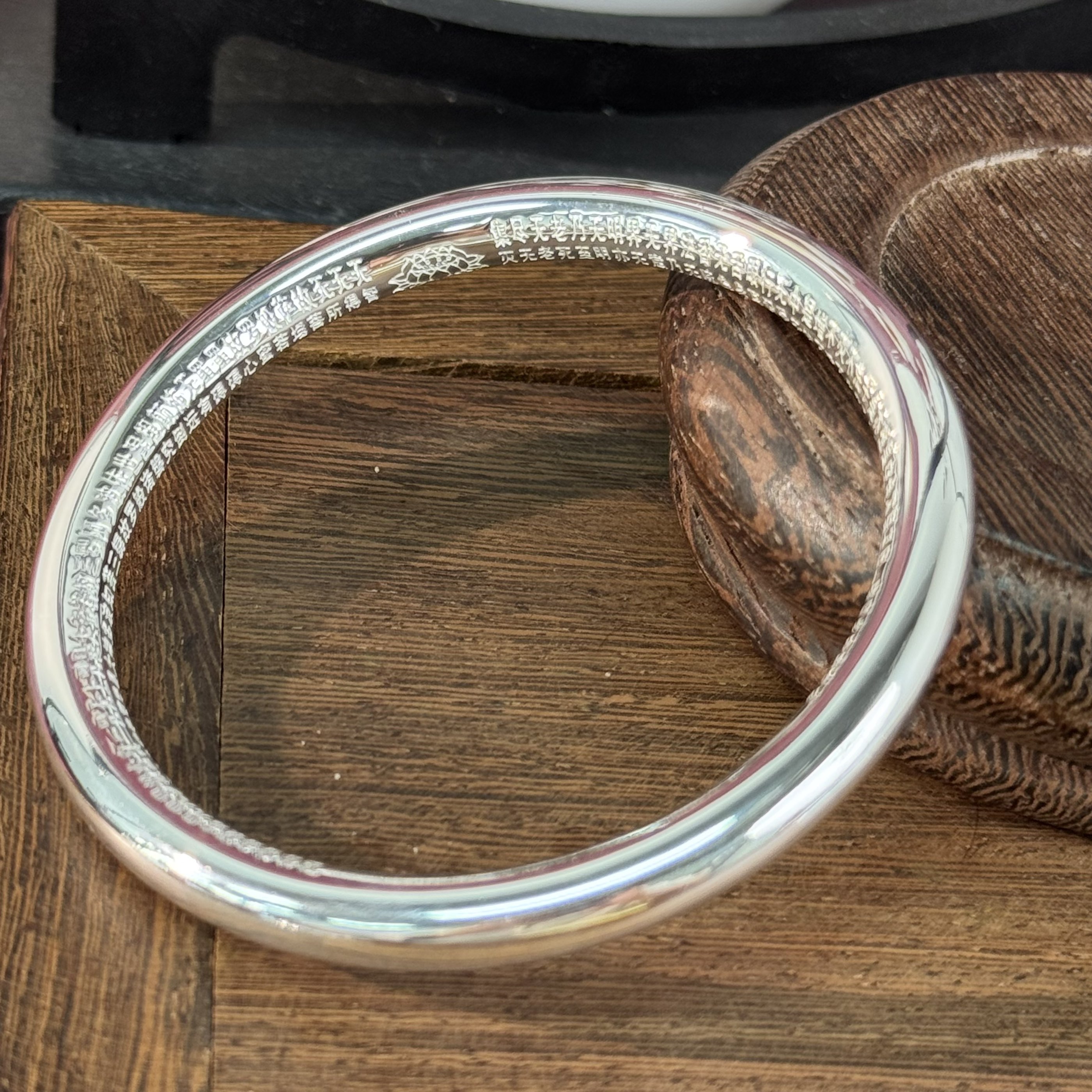 足银手镯 足银素圈手镯内刻心经中式国风手镯女款百搭礼物