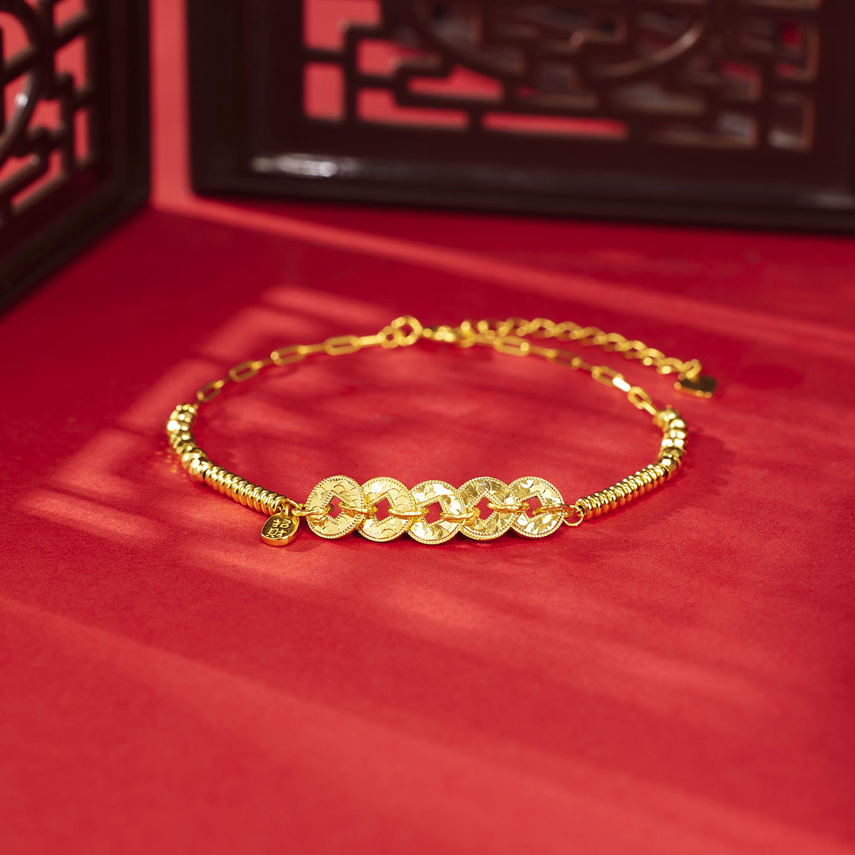 925银手链 五帝币手链女新中式 银镀金工艺