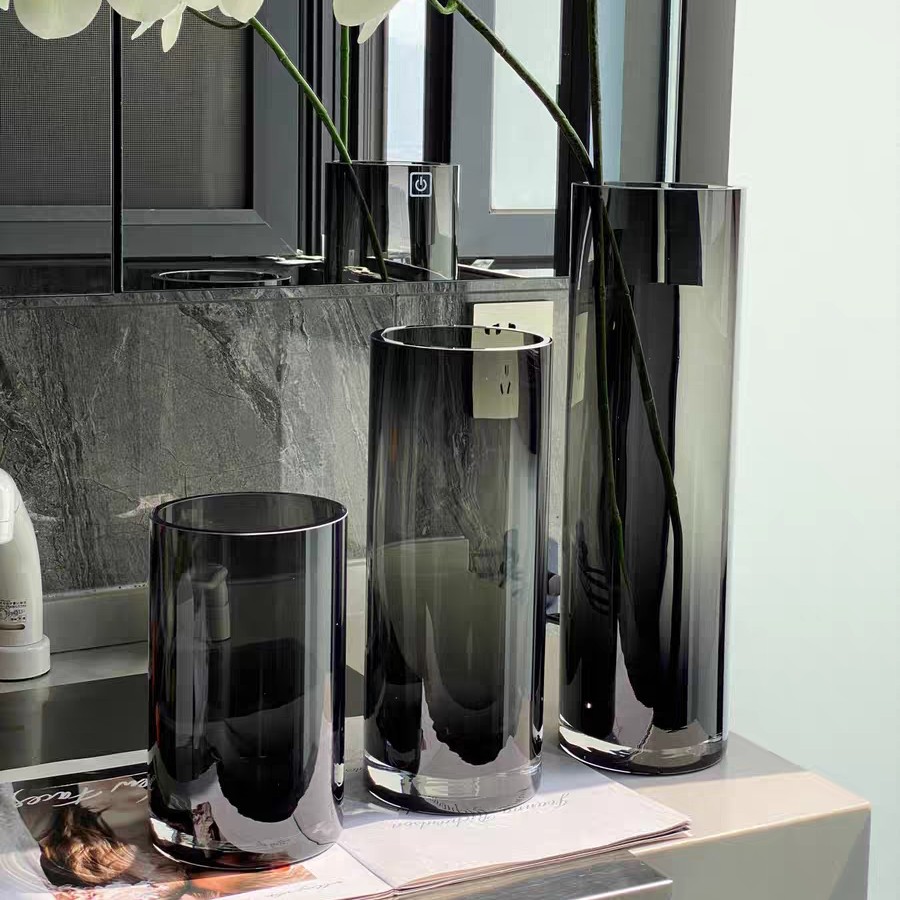 透明烟灰色直筒花瓶 水培鲜花百合玫瑰富贵竹加厚款高级货