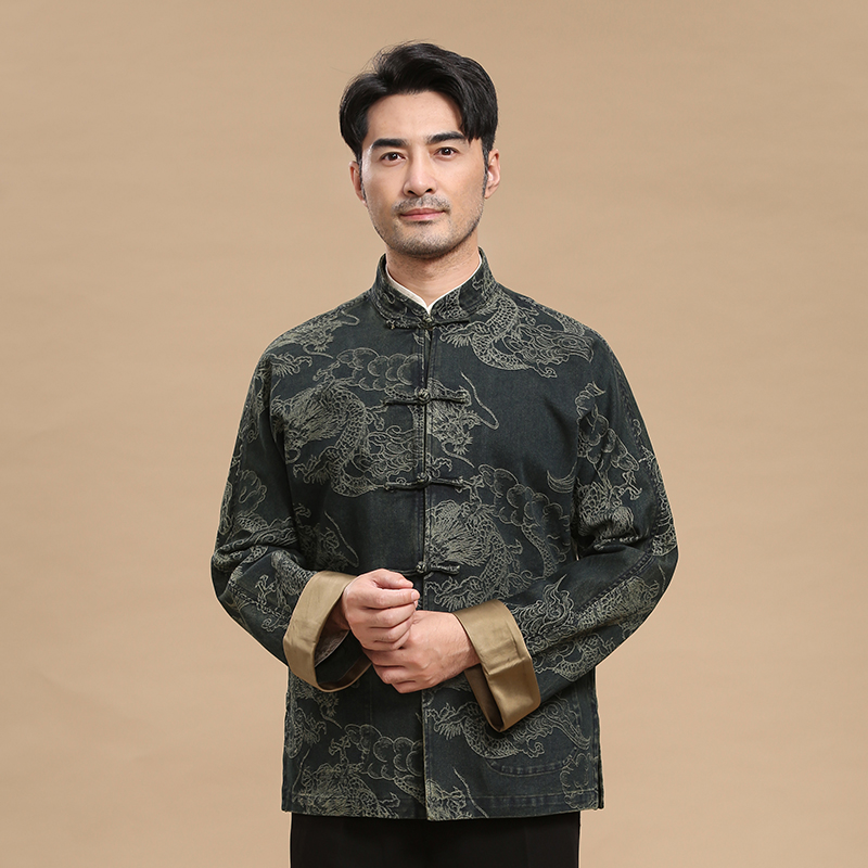 国潮大码水洗黑色牛仔开衫男新中式国风龙袍印花汉服宽松唐装外套
