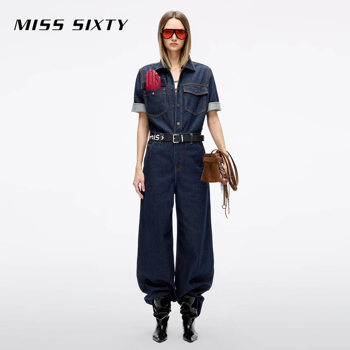 Miss Sixty2025秋季新款牛仔连体裤女复古工装风宽松高腰阔腿裤