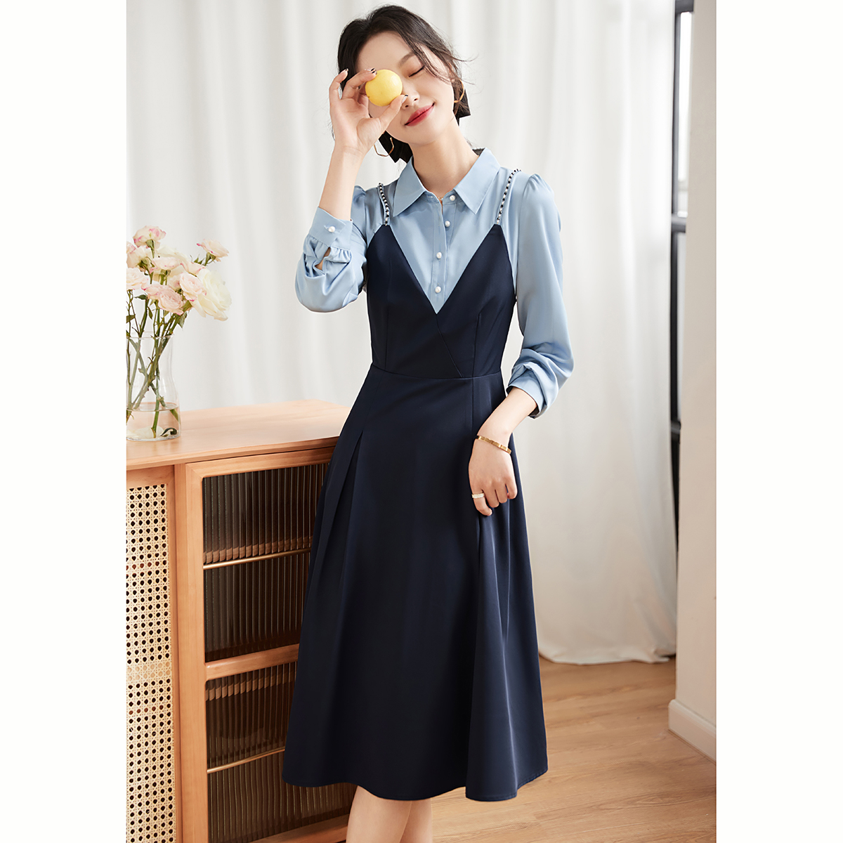 沫晗依美【直播】通勤拼接假两件连衣裙24春秋气质高级感显瘦连衣裙