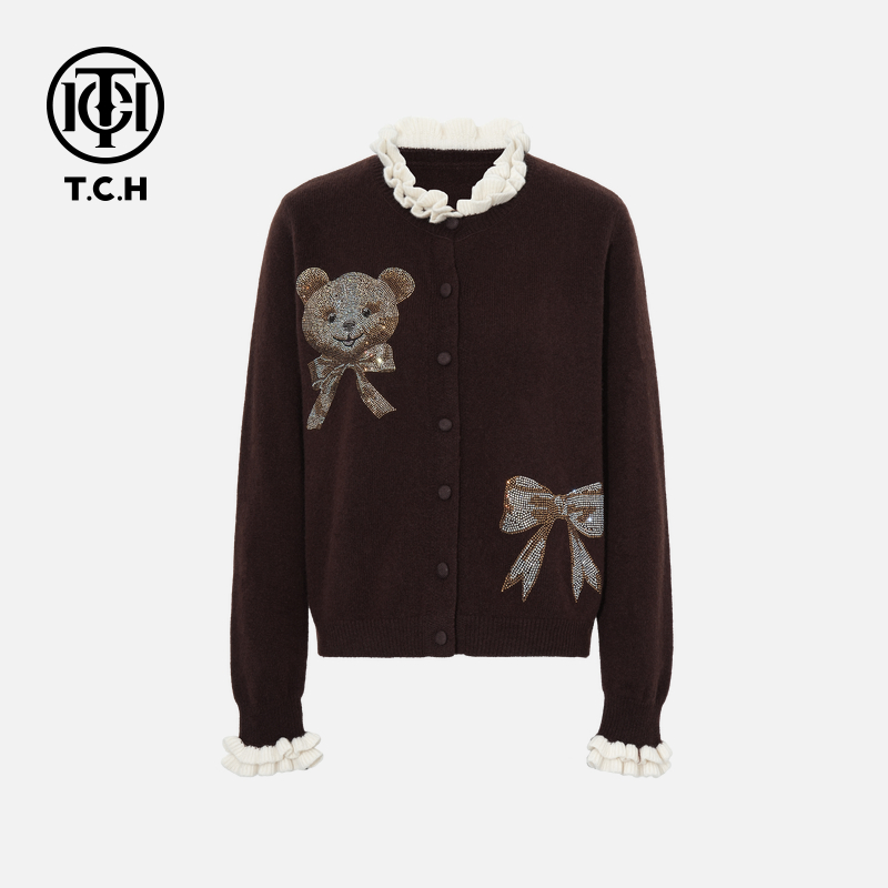 TCH私服秋冬时尚休闲风烫钻淑女咖色针织开衫T75C43E5038轻奢tch