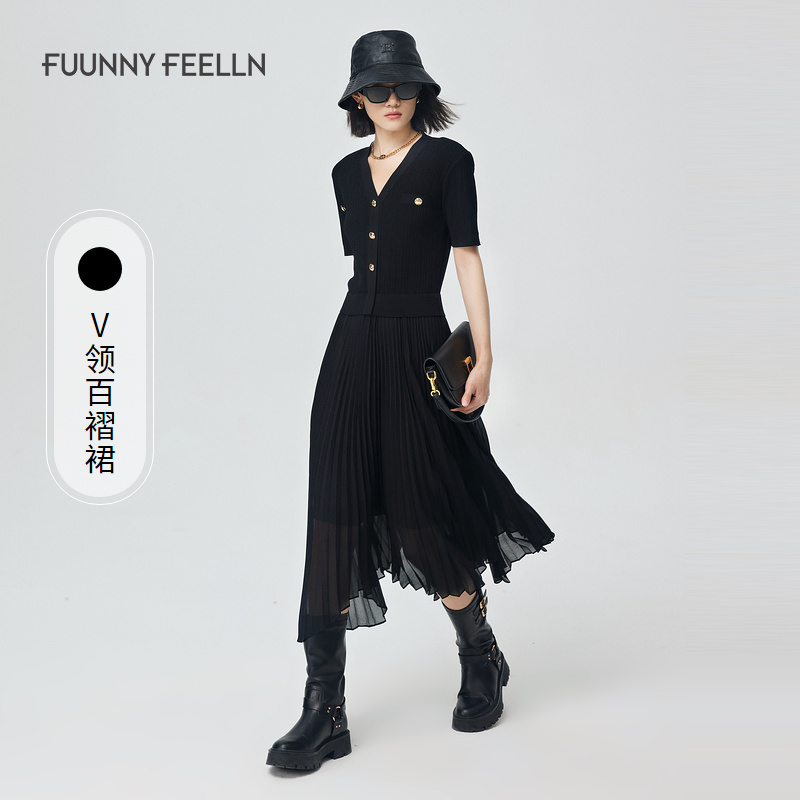 FF仿佛秋季新款针织黑色连衣裙气质优雅收腰修身FF01882