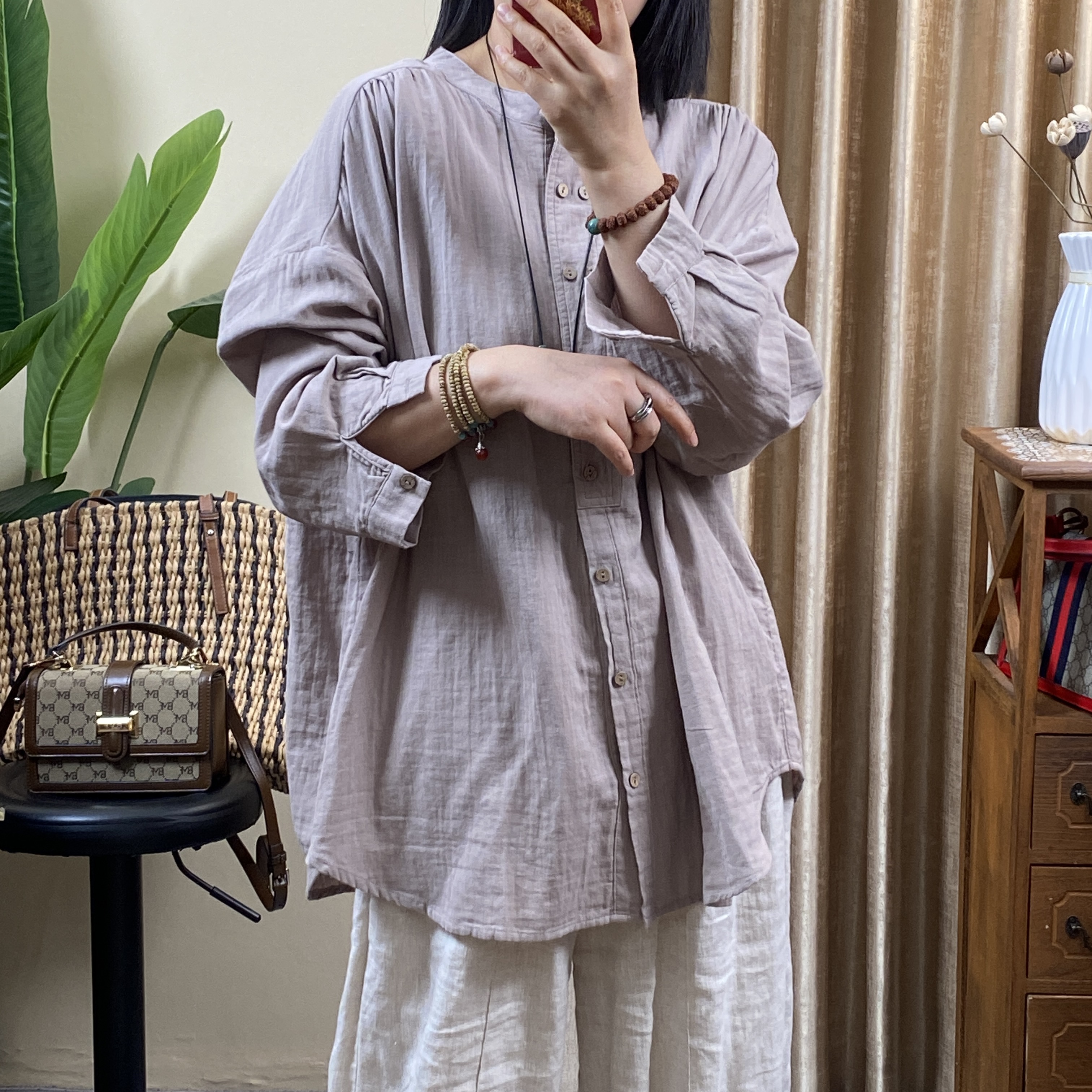 2025秋季新款简约文艺复古双纱棉双排扣大版圆领衬衫