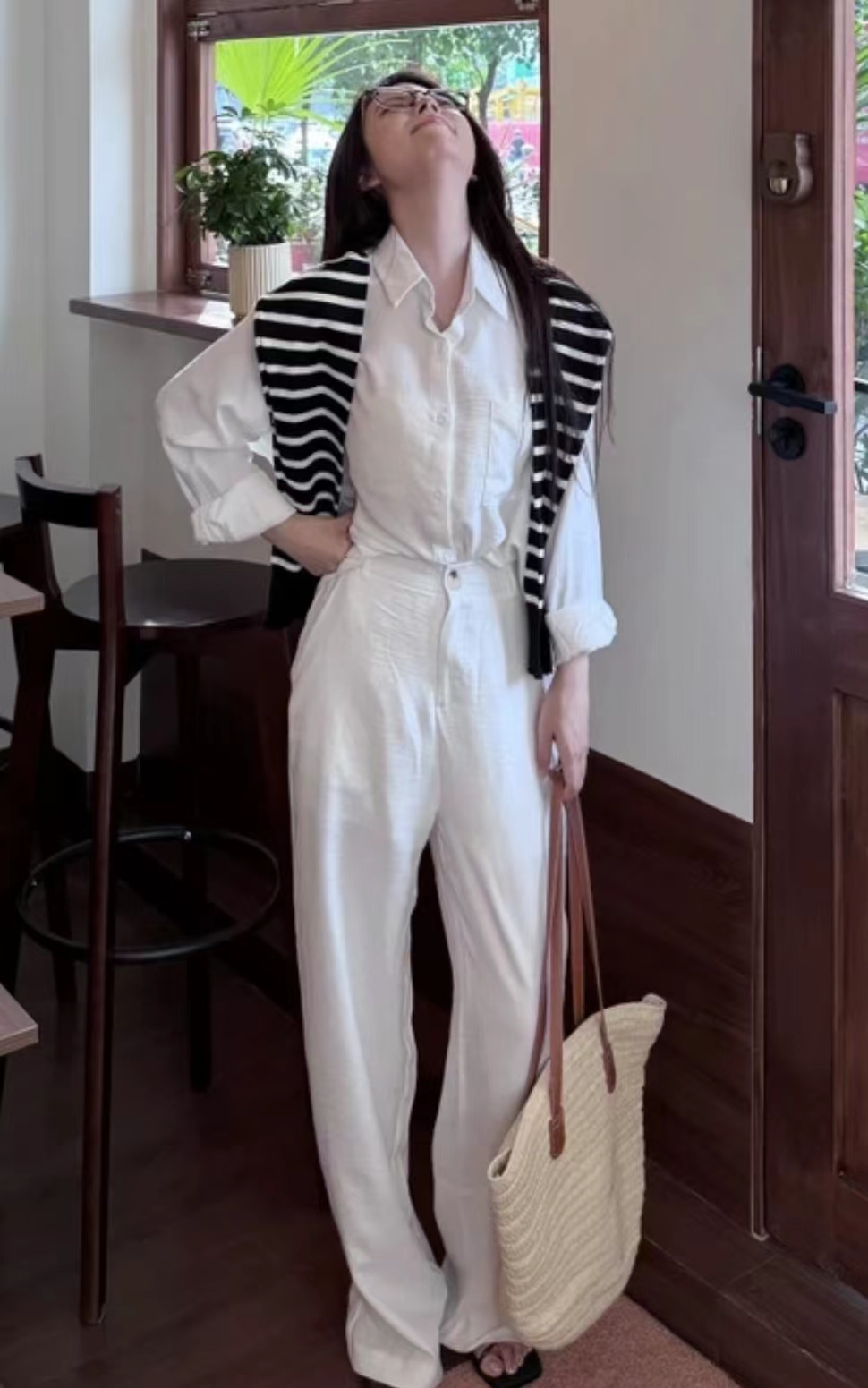 欧货老钱风套装女藏青色慵懒宽松衬衫阔腿休闲裤送披肩三件套