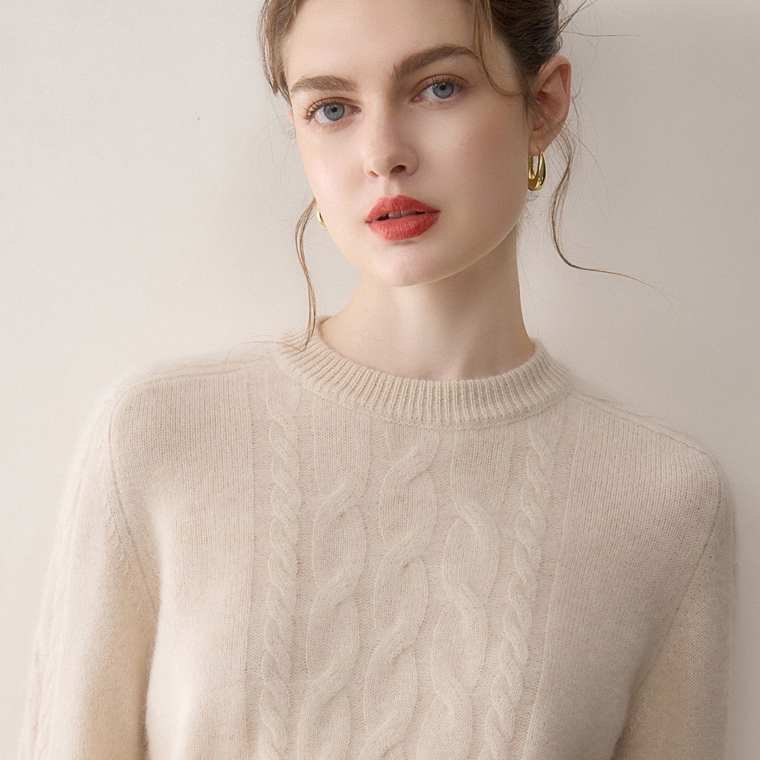 9117高雅又贵气~100%纯山羊绒衫女圆领麻花冬季加厚亲肤针织羊绒