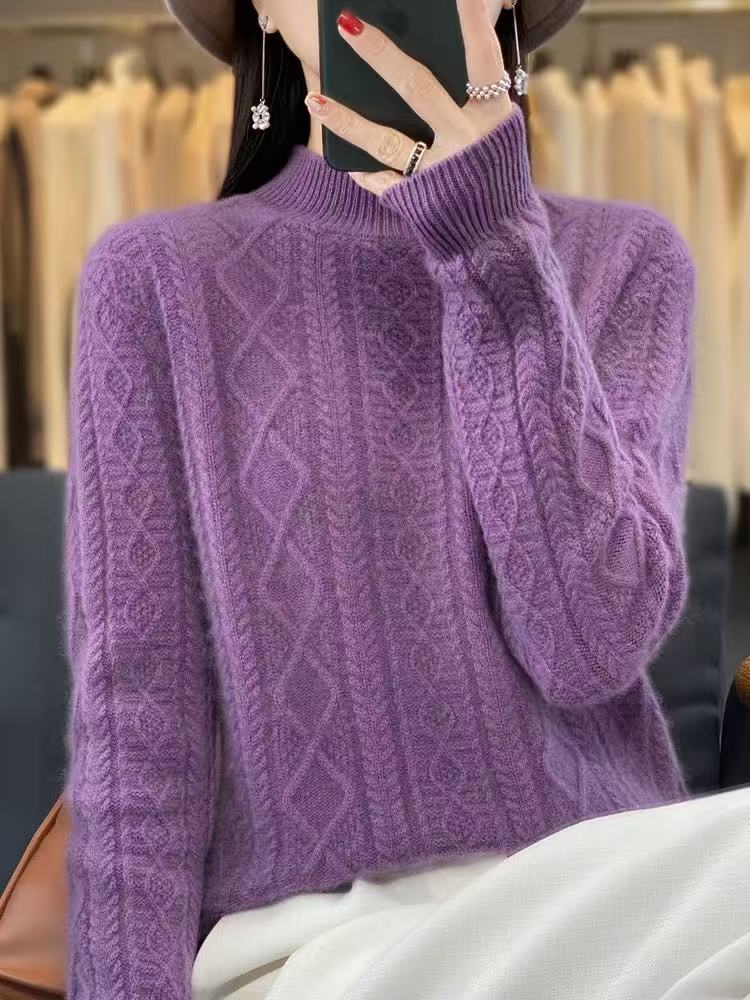 全毛重磅加厚毛衣女半高领百搭毛衫菱格花新年红