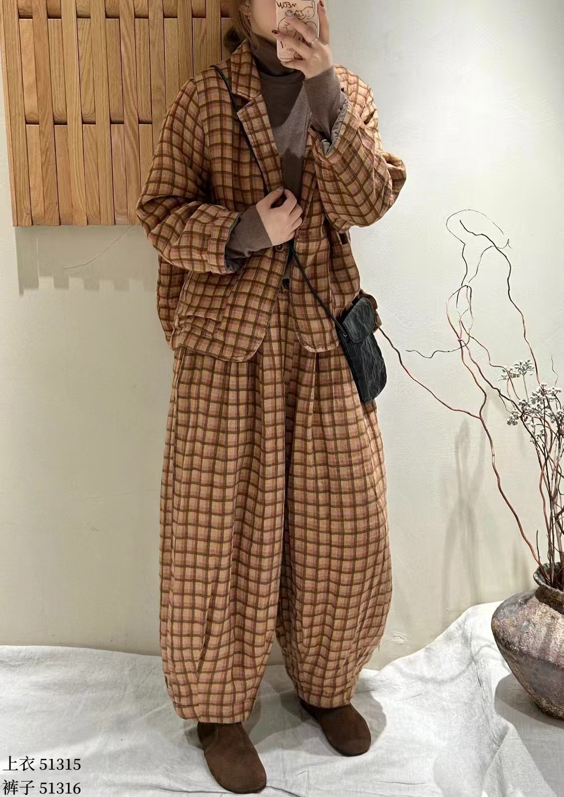 ZIMU厚款长裤格纹高腰磨毛保暖休闲裤ins加绒加厚百搭