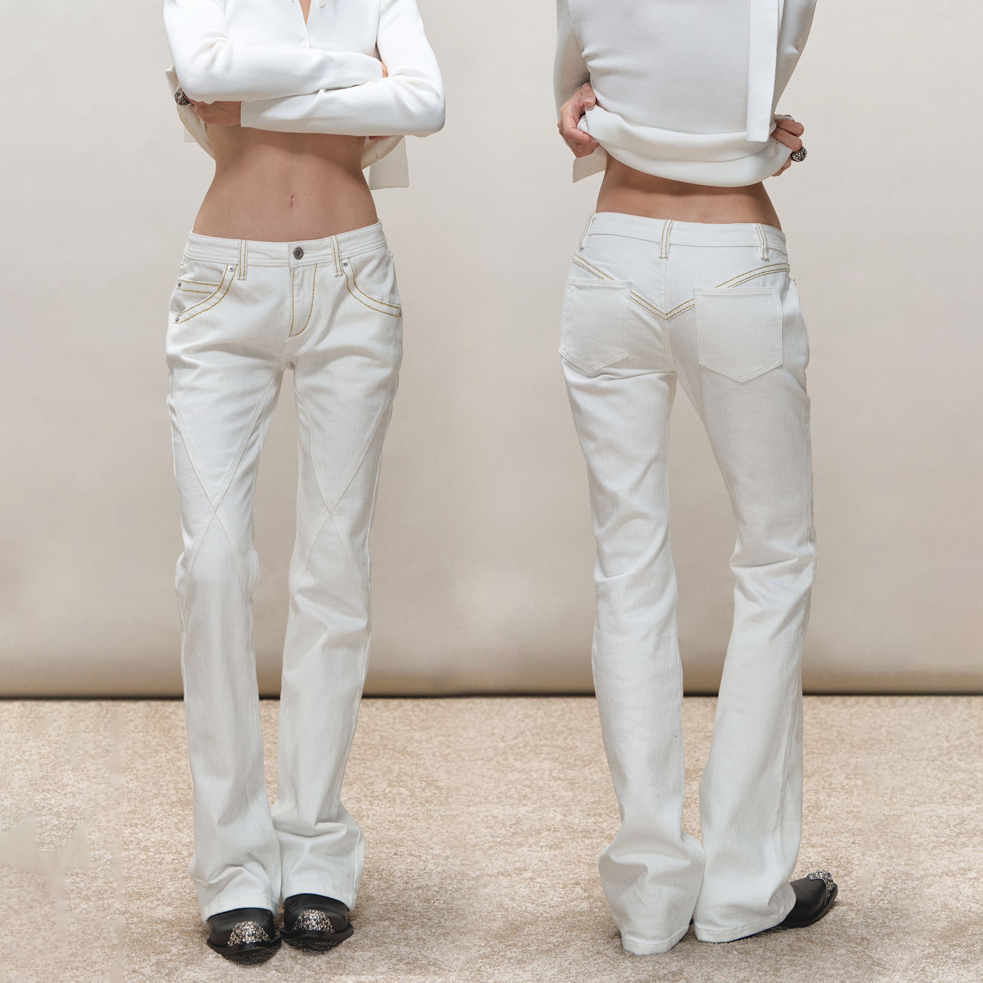 PRRP 原创复古做旧显瘦分割线设计白色牛仔长裤