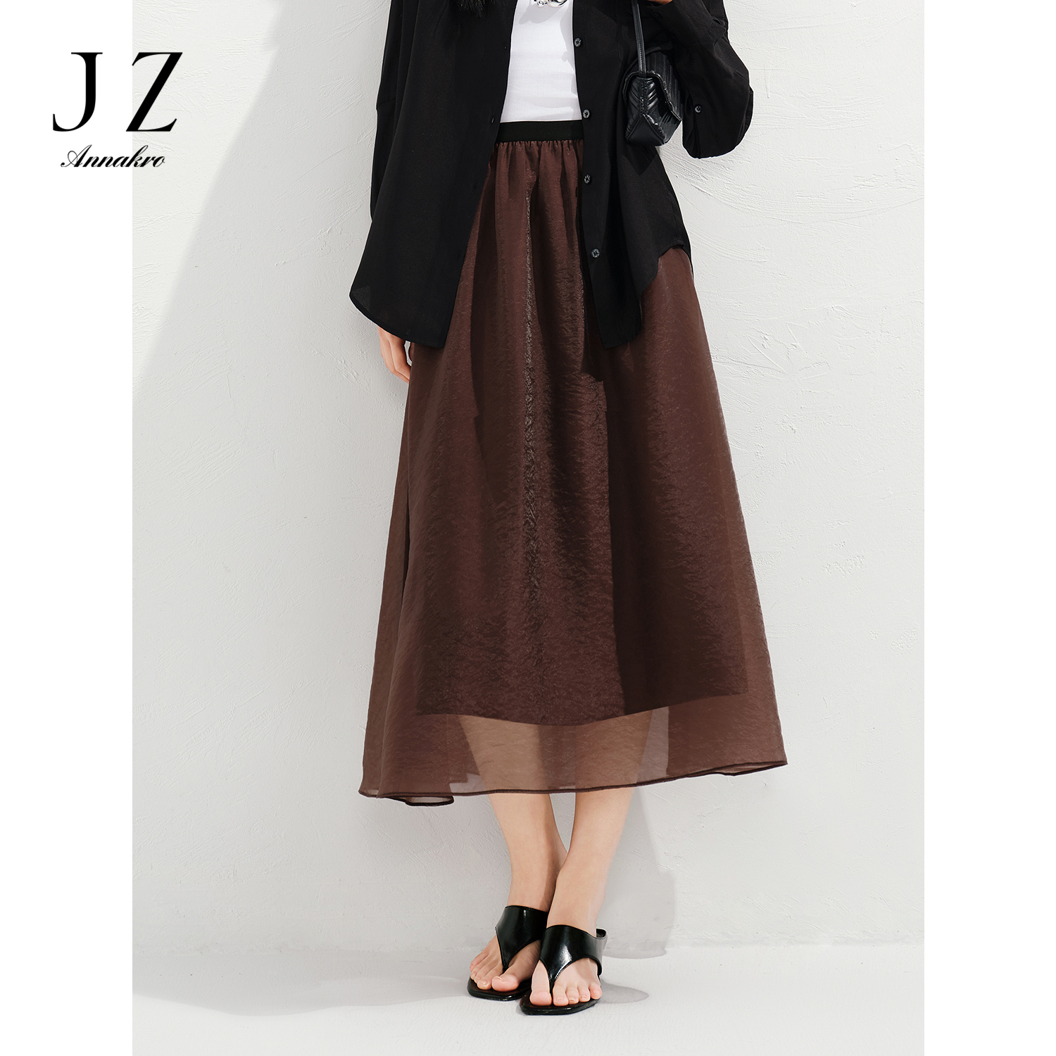 【婷婷专属】玖姿安娜蔻KWFX20014设计感分割欧根纱轻盈伞裙半身裙