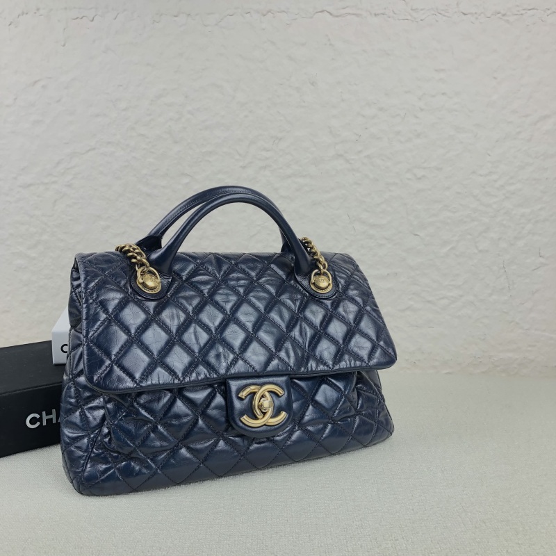 95新 Chanel/香奈儿 蓝金油蜡皮手柄孟买CF单肩包底长32 19开