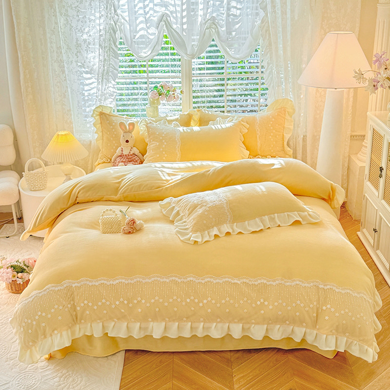 加厚牛奶绒四件套纯色绣花少女心韩版