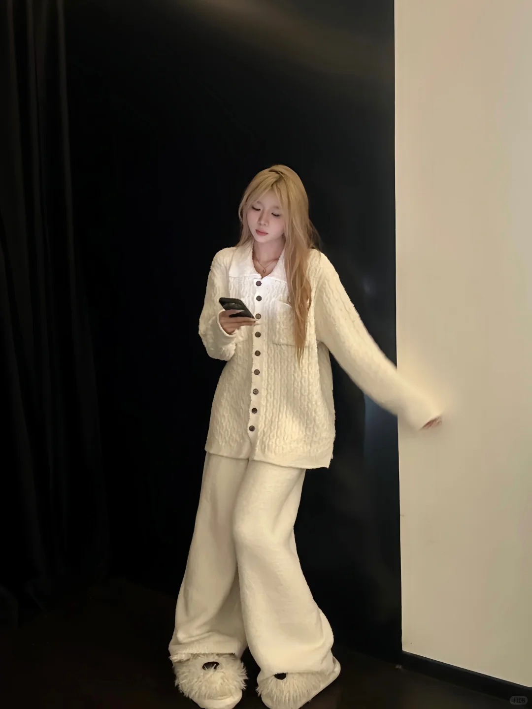 甜美少女小香风纯色设计感针织开衫睡衣女冬季加绒加厚保暖家居服