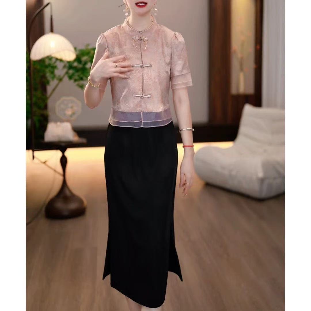 5373#夏季中式妈妈上衣两件套优雅小衫2025国风款式大码夏季套装