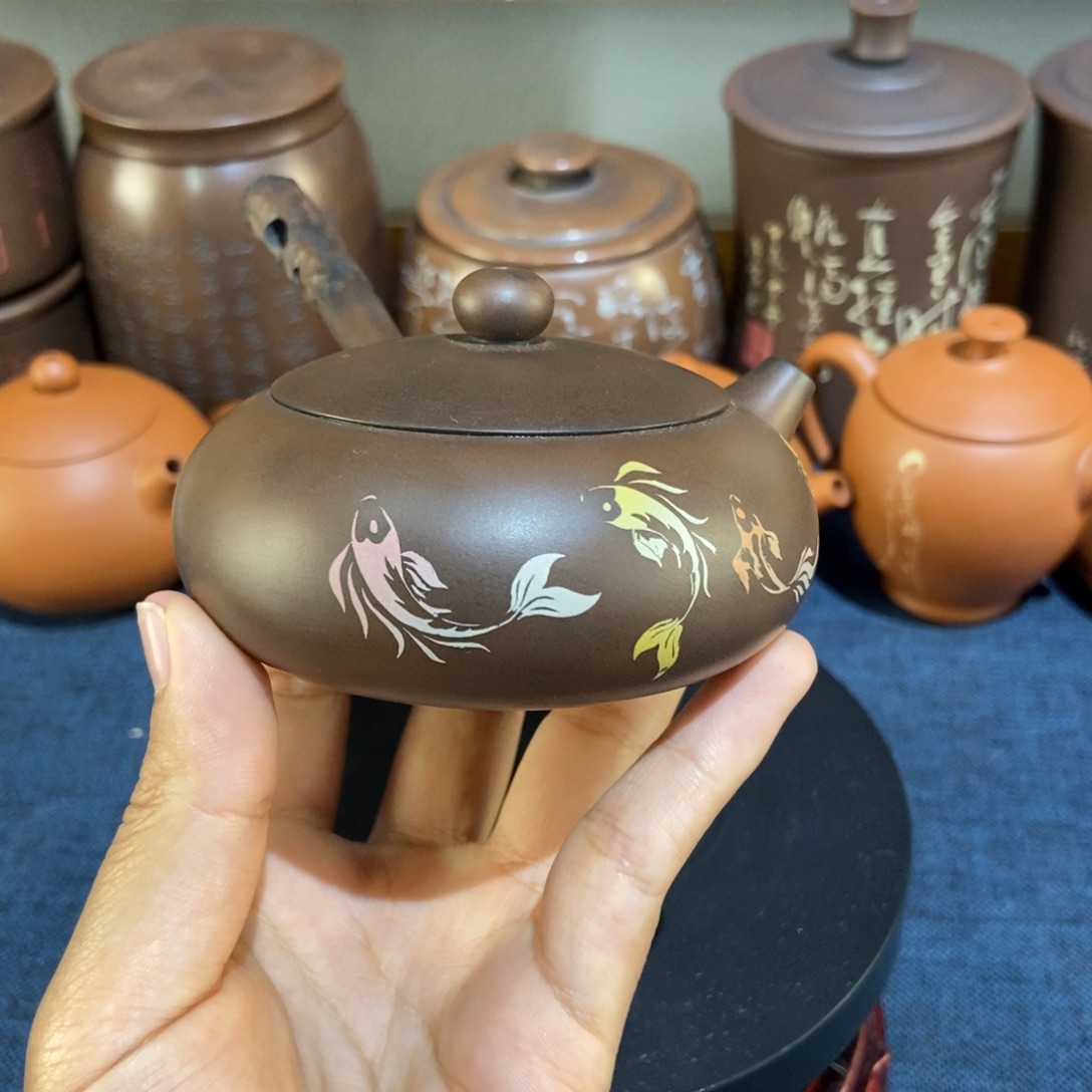1建水紫陶手工彩填侧把壶120c