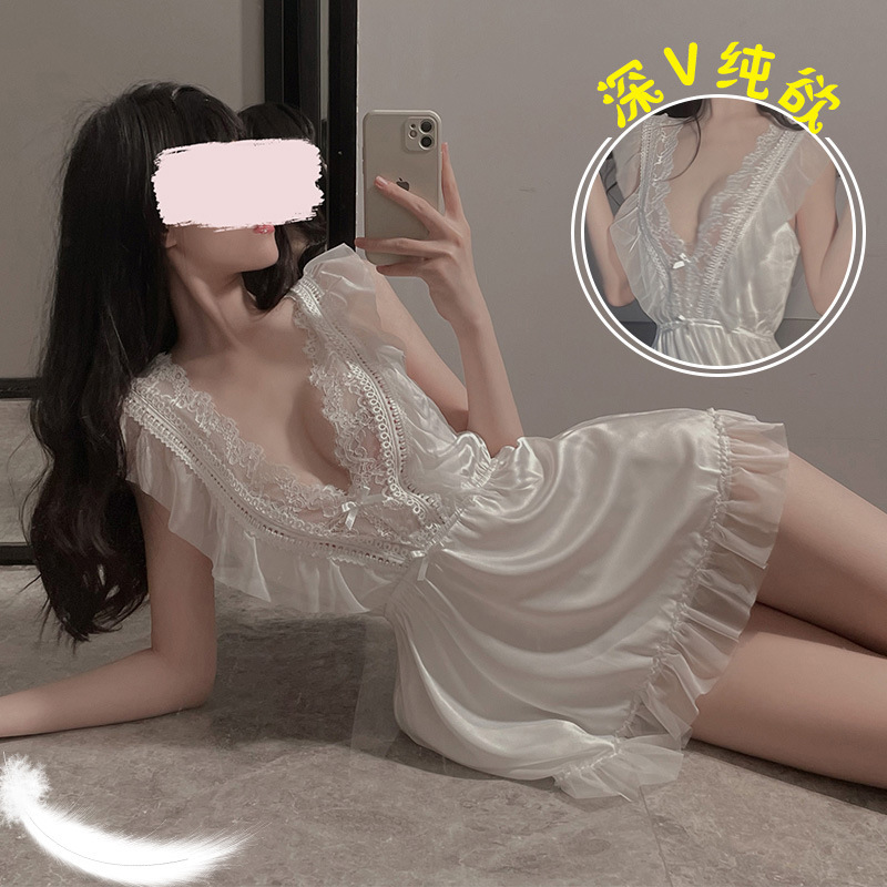 夏天花边无袖性感睡裙短裙夏季薄款蕾丝女士白色短裙睡袍