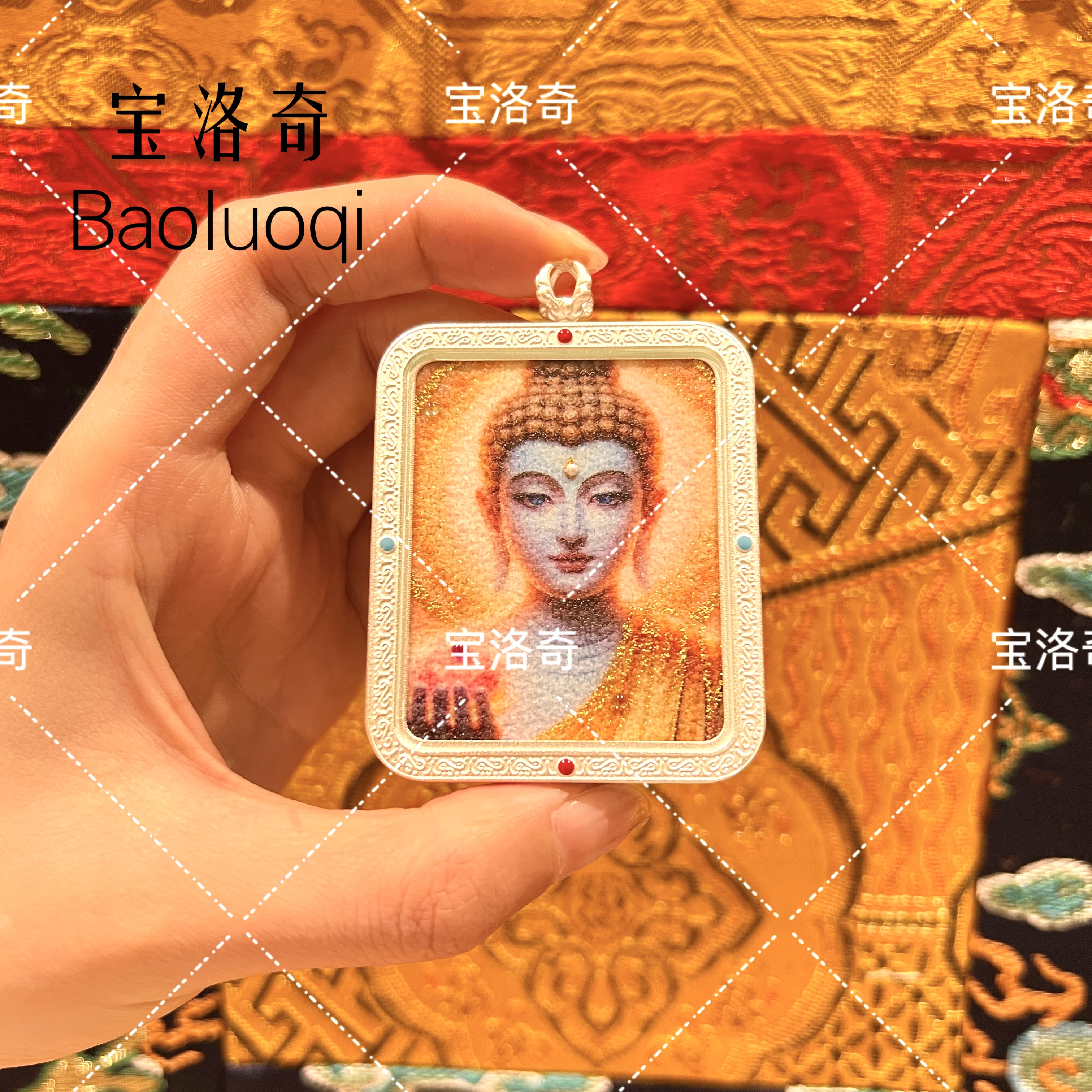 BLQTK-100 送莲尊版释迦摩尼佛头三圣佛手工砂双面唐卡