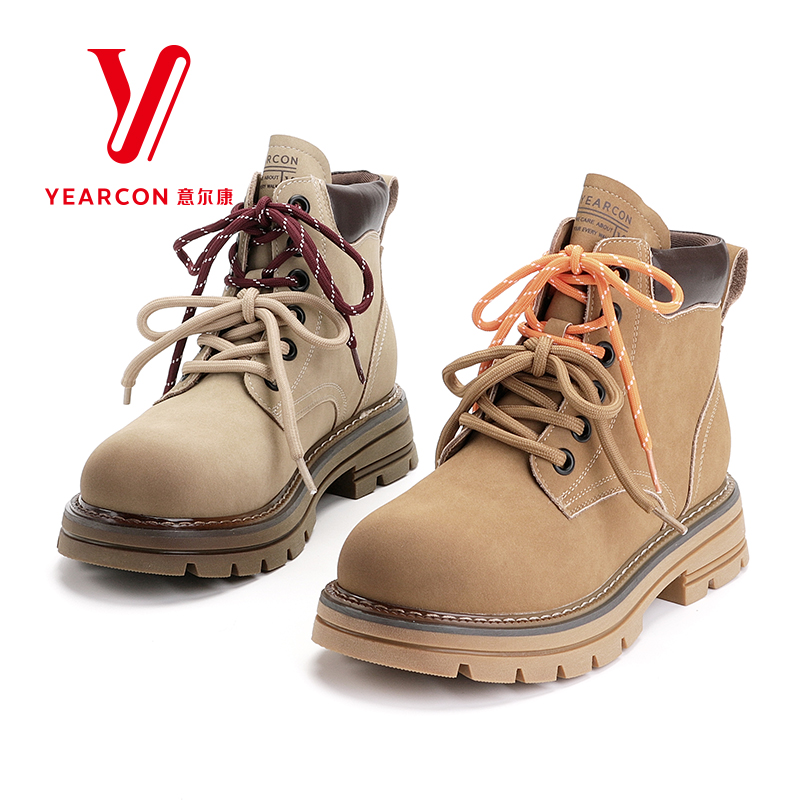 意尔康女靴冬季新款马丁靴女款大黄靴女工装靴真皮加绒短靴490382