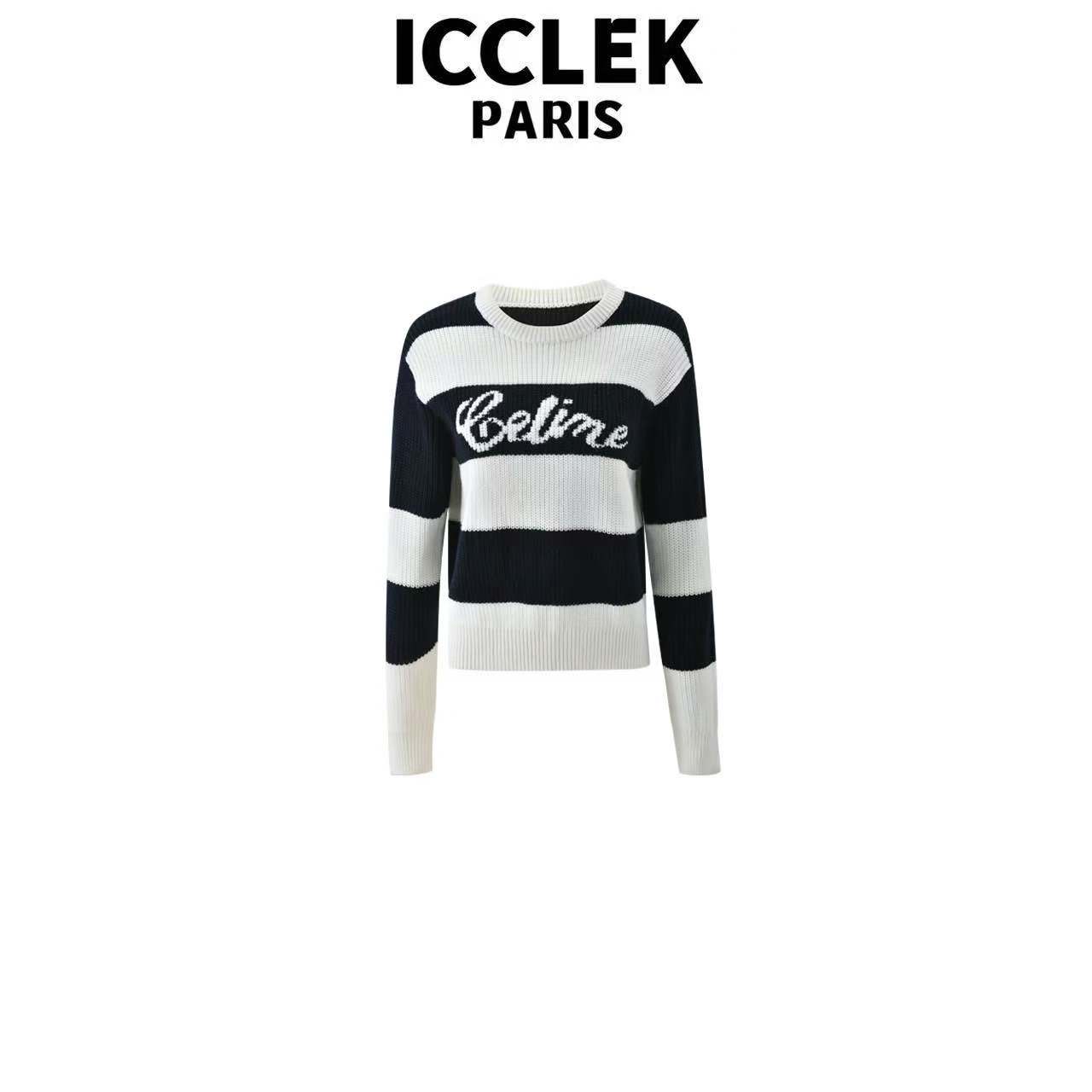 ICCLEK 藏蓝色条纹圆领字母针织衫轻奢名媛多巴胺风上衣 -9029