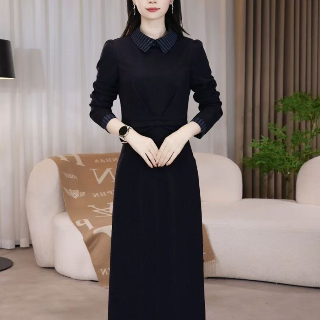 高级时尚洋气弹力软精纺假两件礼服裙2025秋季新款显瘦遮肉连衣裙