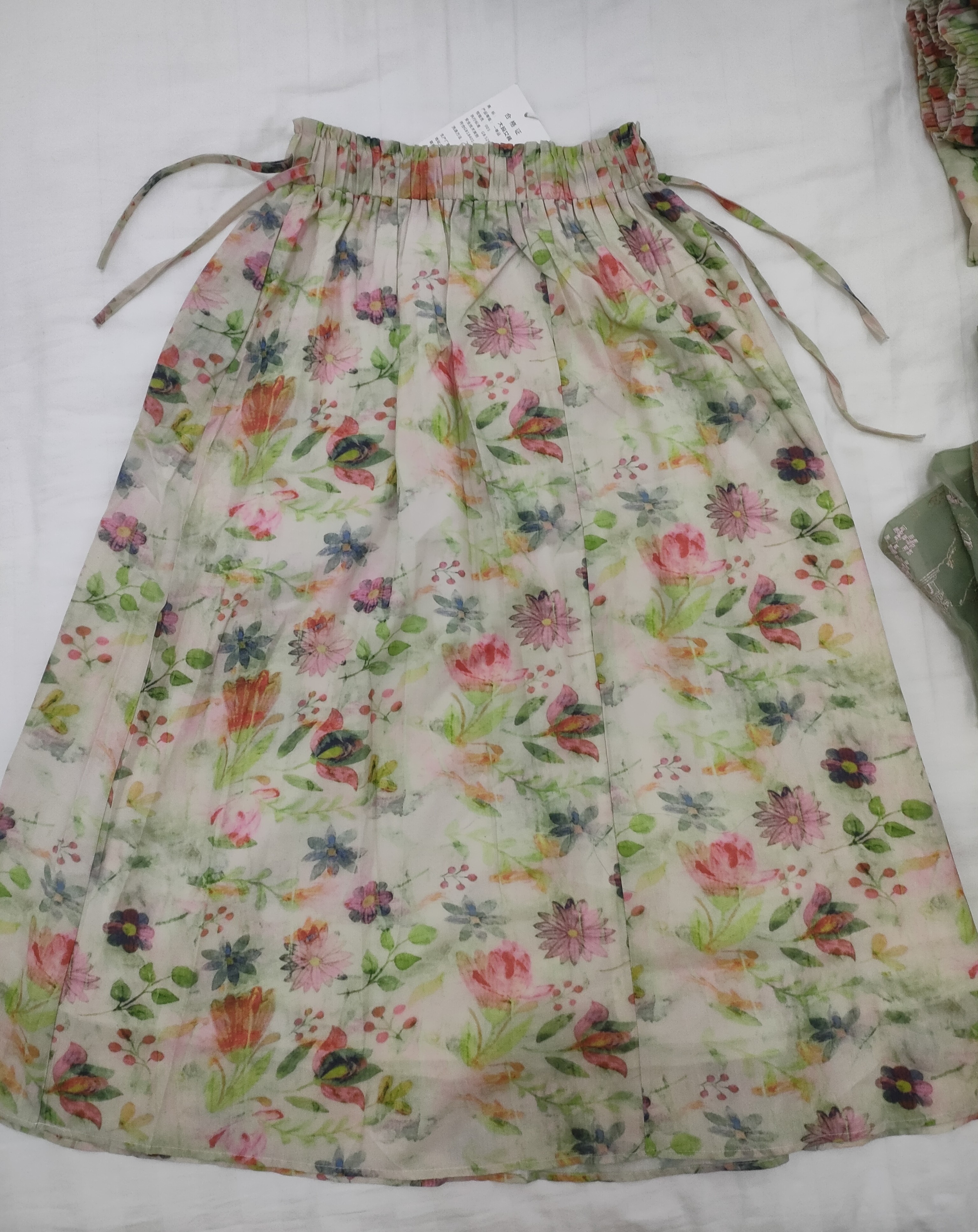 夏季文艺清新碎花棉麻女半身裙显瘦中长款抽绳系带A字裙