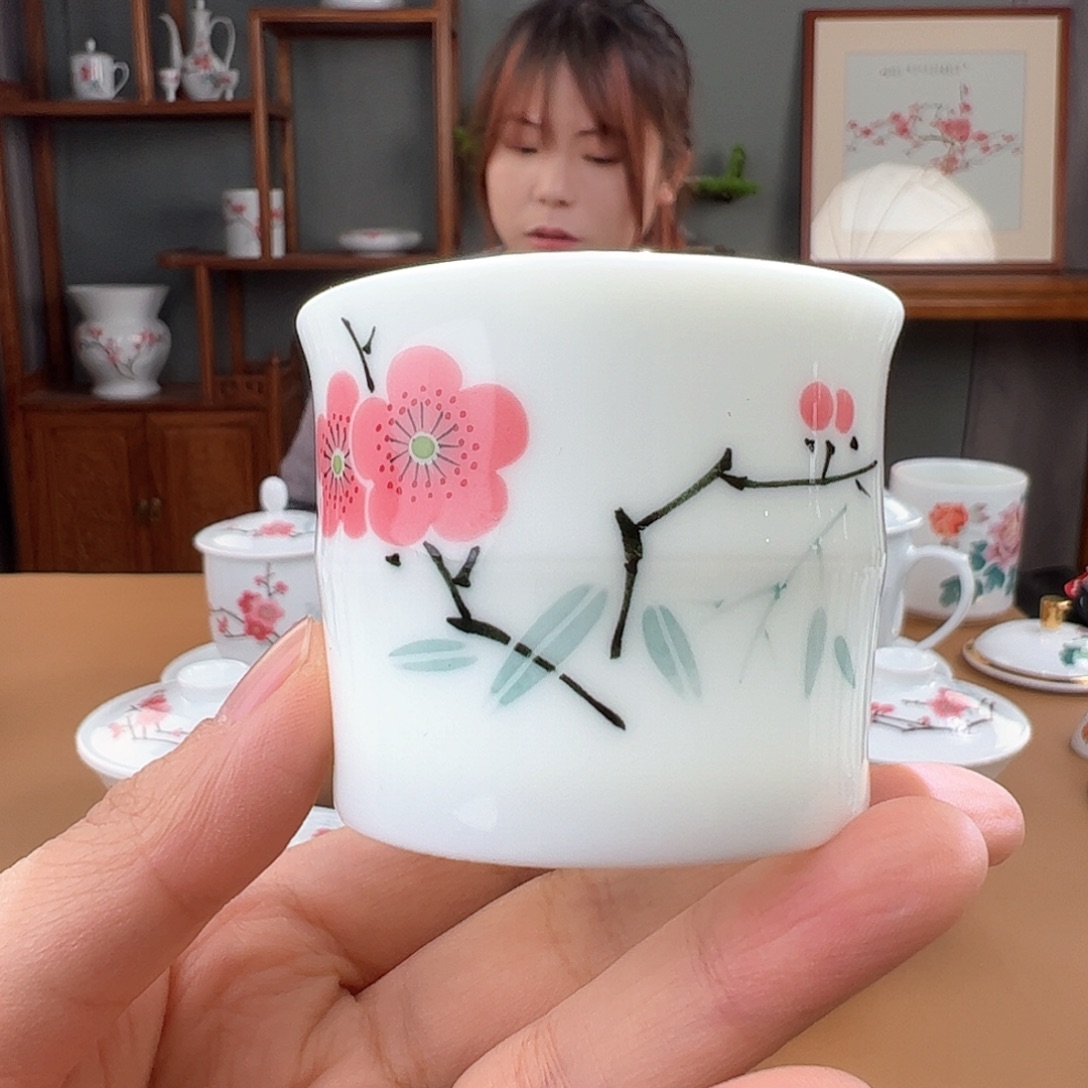 瓷翠竹红梅竹节杯