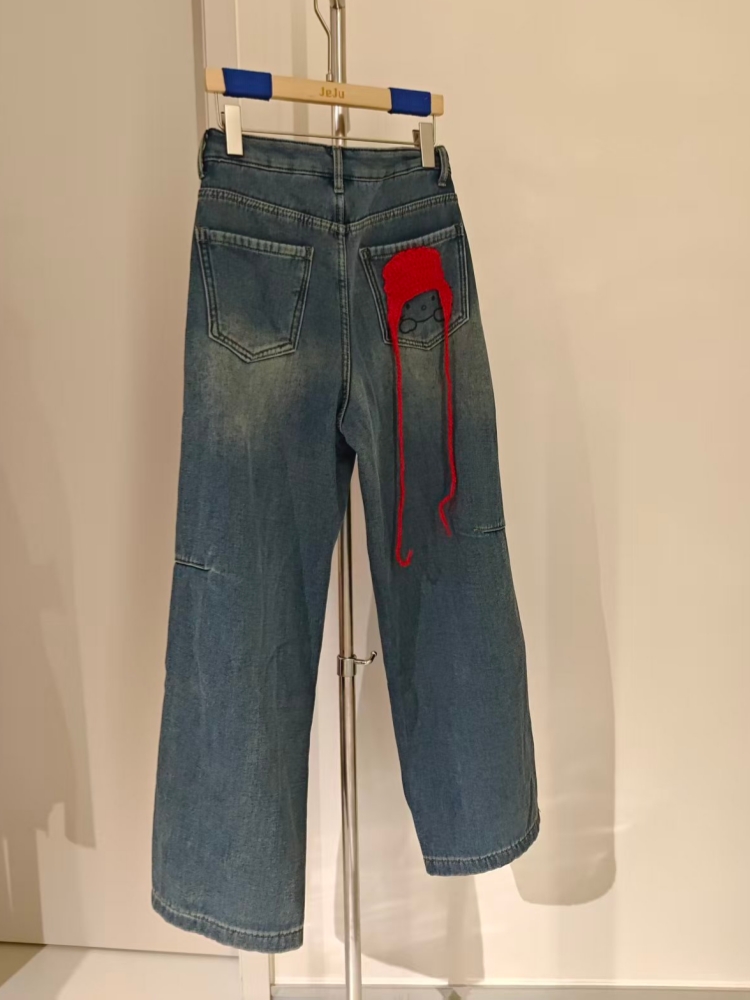 【济州岛】背面针织小红帽kitty猫宽松复古加绒牛仔裤