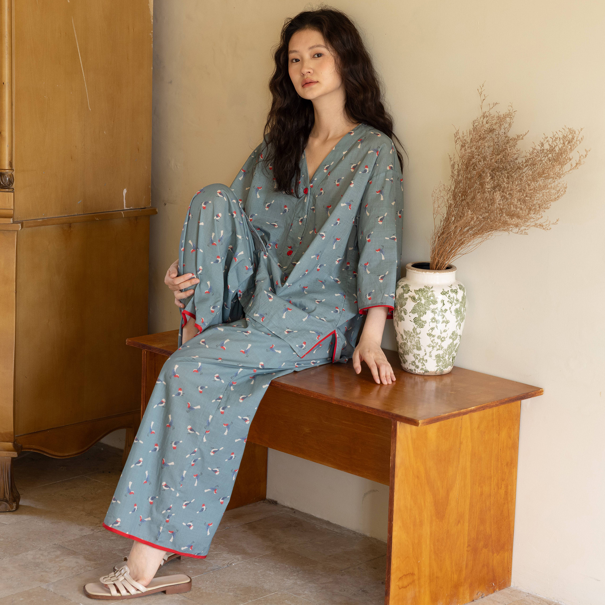 族玛士睡衣女梭织纯棉夏季七分袖薄款长裤夏天凉感大码家居服套装