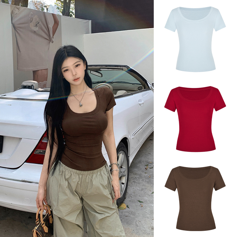 Moses Queen/魔西女王夏季大U领正肩修身显瘦收腰基础款短袖上衣