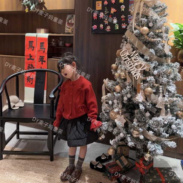 现货MZ.儿童年款圣诞女童蝴蝶结精致时髦扣子毛衣T952