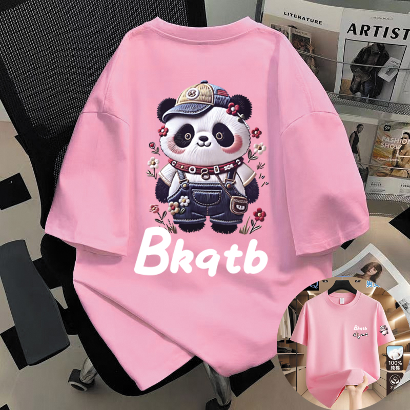 圆领小众潮流ins百搭印花美式粉色男多巴胺T恤上衣