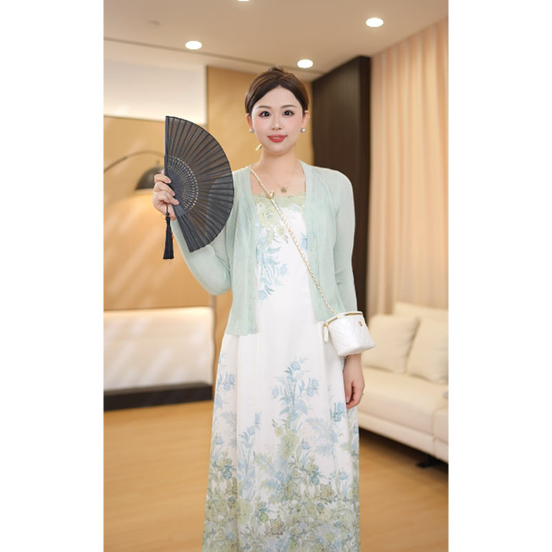 静一微胖定制~夏日复古新中式提花吊带连衣裙+防晒开衫SHZ040